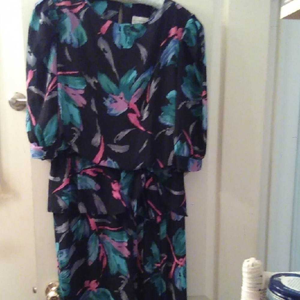 Sears Black and Pink Floral Long Sleeve Dress